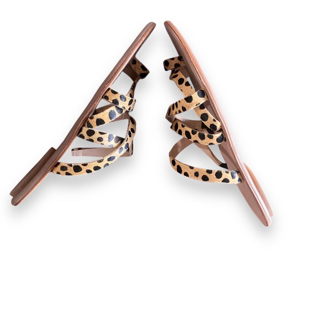 New Loeffler Randall Calf Hair Flat Sandal Fit Sz 6.5 Cheetah Straps Toe Ring - Picture 9 of 11